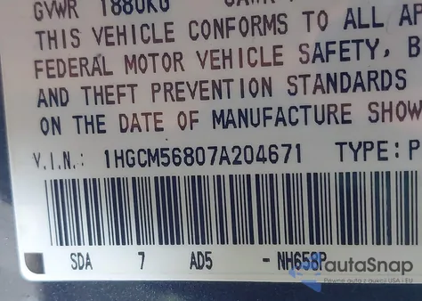 2007 Honda Accord 2.4 Ex z USA, uszkodzony, nr VIN 1HGCM56807A204671